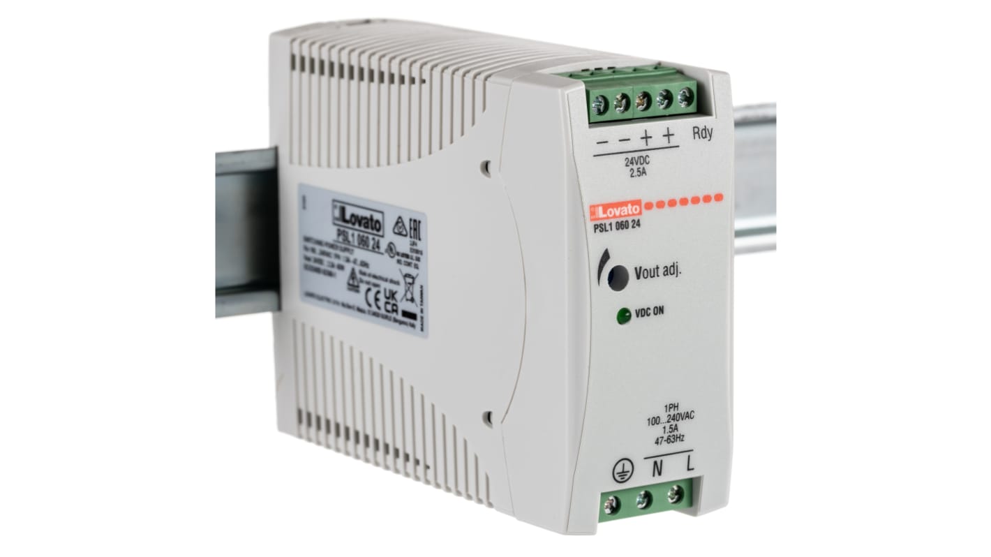 Lovato PSL Switched Mode DIN Rail Power Supply, 240V ac ac Input, 24V dc dc Output, 2.5A Output, 60W