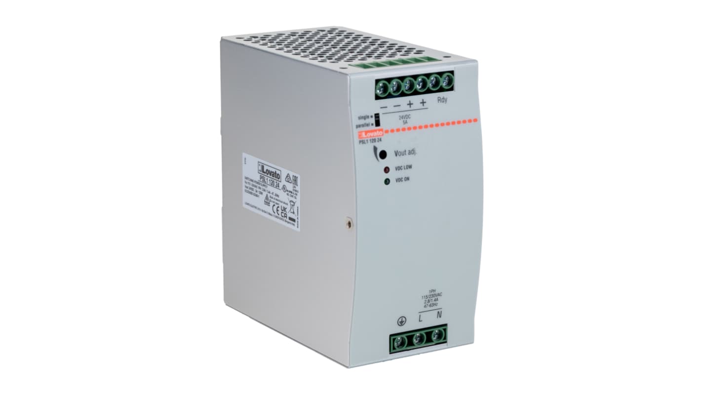 Lovato PSL Switched Mode DIN Rail Power Supply, 230V ac ac Input, 24V dc dc Output, 5A Output, 120W