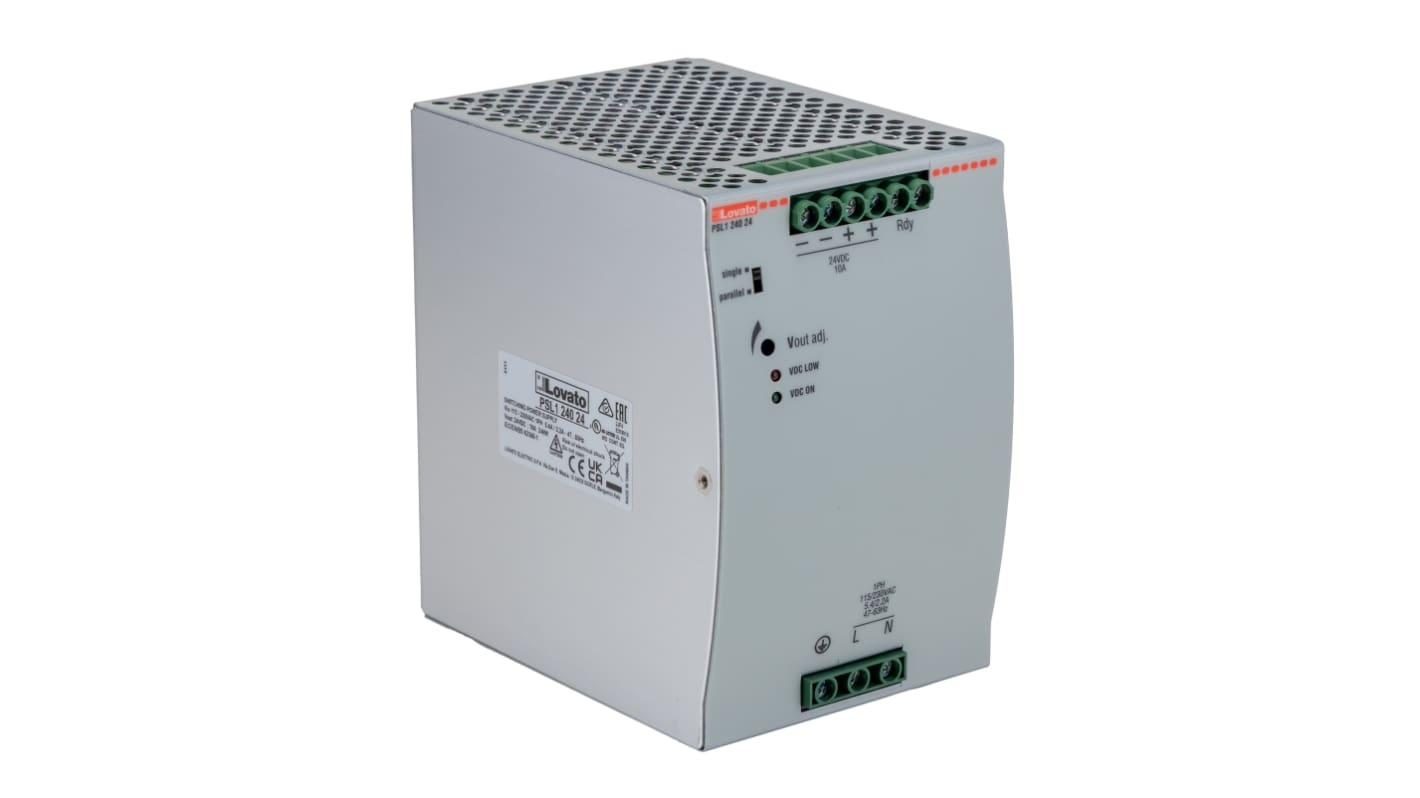Lovato PSL Switched Mode DIN Rail Power Supply, 230V ac ac Input, 24V dc dc Output, 10A Output, 240W
