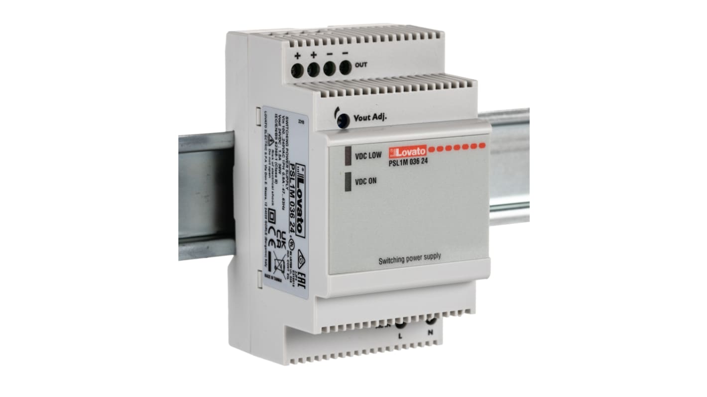 Lovato PSL Switched Mode DIN Rail Power Supply, 240V ac ac Input, 24V dc dc Output, 1.5A Output, 36W