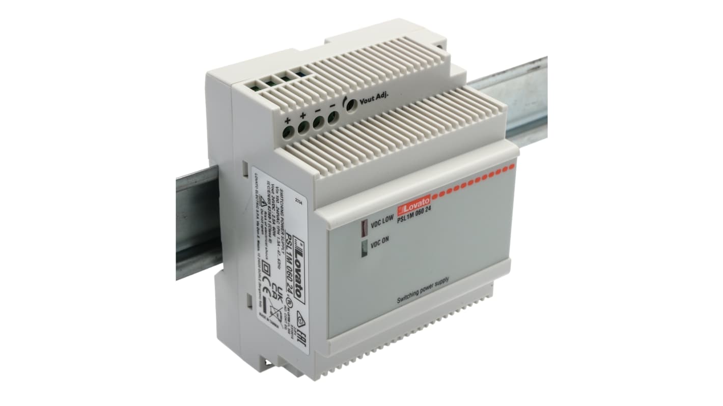 Lovato PSL Switched Mode DIN Rail Power Supply, 240V ac ac Input, 24V dc dc Output, 2.5A Output, 60W