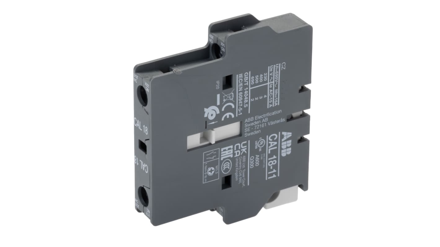 ABB Auxiliary Contact Block, 2 Contact, 1NC + 1NO, Front Mount, CAL18 CAL18