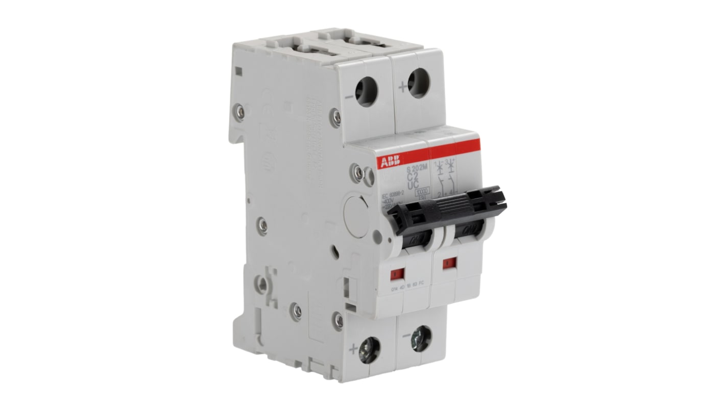 ABB System Pro M Compact S200MUC MCB, 2P, 2A Curve C, 440V AC, 500V DC, 25 kA Breaking Capacity
