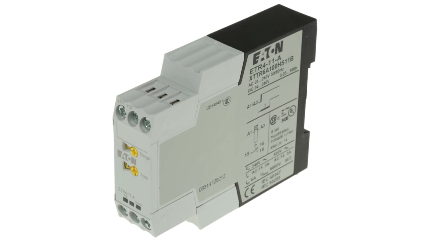 Eaton DIN Rail Mount Timer Relay, 24 → 240V ac/dc, 1-Contact, 0.05 s → 60h, 1-Function, SPDT