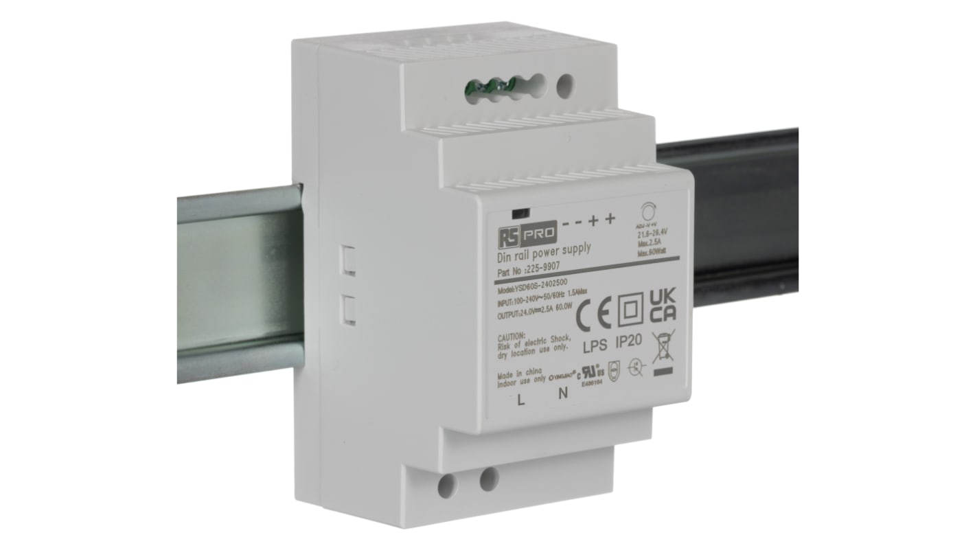 Fuente de alimentación de carril DIN RS PRO, 1 salida 24V dc 2.5A 60W