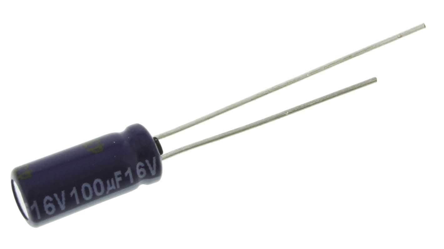 Panasonic 直插铝电解铝电解电容, 100μF, 16V 直流, 5 (Dia.) x 11mm, 最高+85°C, M-A系列