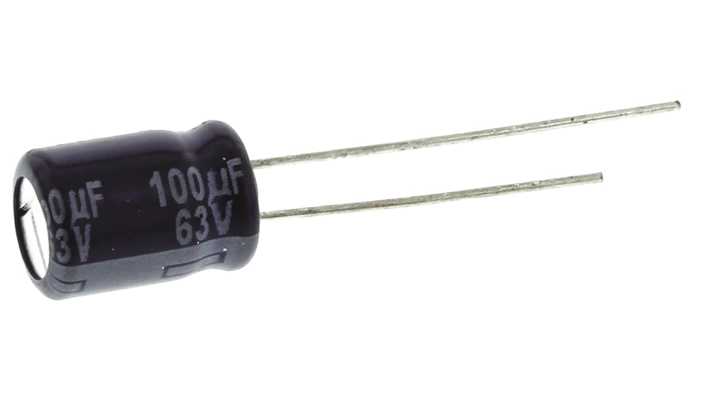 Condensatore Panasonic, serie M-A, 100μF, 63V cc, ±20%, +85°C, Radiale, Foro passante