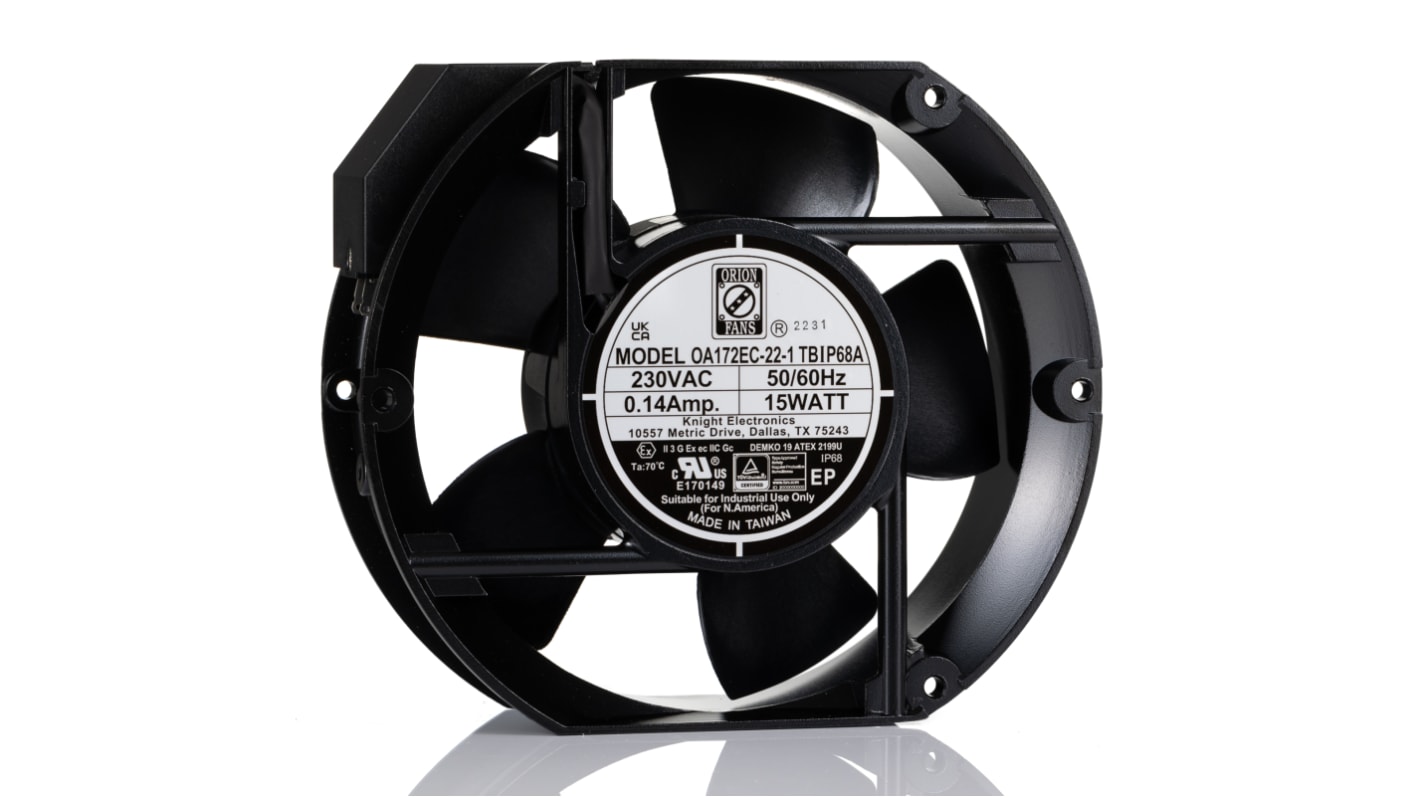 RS PRO Axial Fan, 230 V ac, AC Operation, 220 ± 15%cfm, 15 ± 15%W, 0.14 ± 15%A Max, 172 x 150 x 51mm