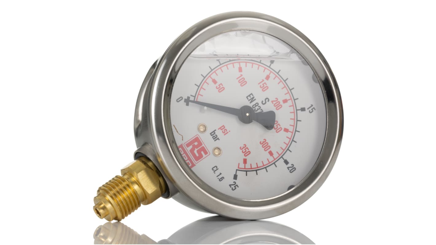 RS PRO G 1/4 Analogue Pressure Gauge 25bar Bottom Entry, 0bar min.