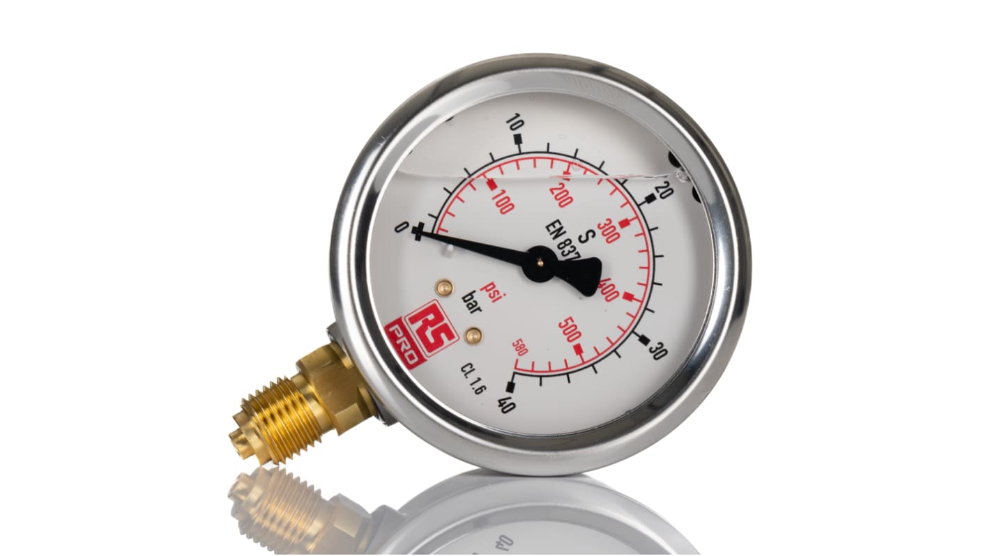 RS PRO G 1/4 Analogue Pressure Gauge 40bar Bottom Entry, 0bar min.