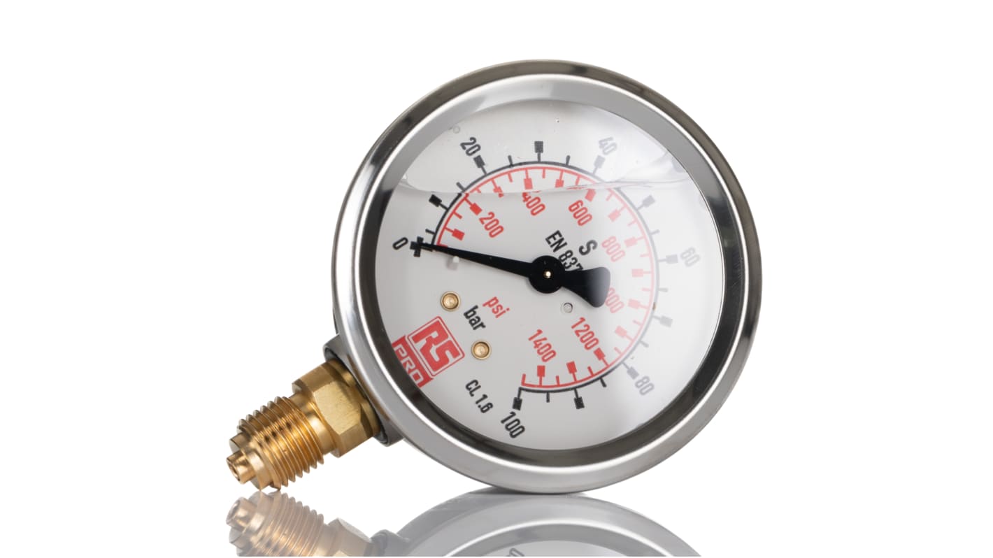 RS PRO G 1/4 Analogue Pressure Gauge 100bar Bottom Entry, 0bar min.