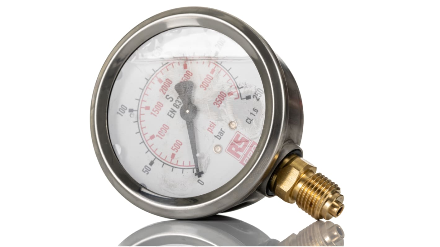 RS PRO G 1/4 Analogue Pressure Gauge 250bar Bottom Entry, 0bar min.