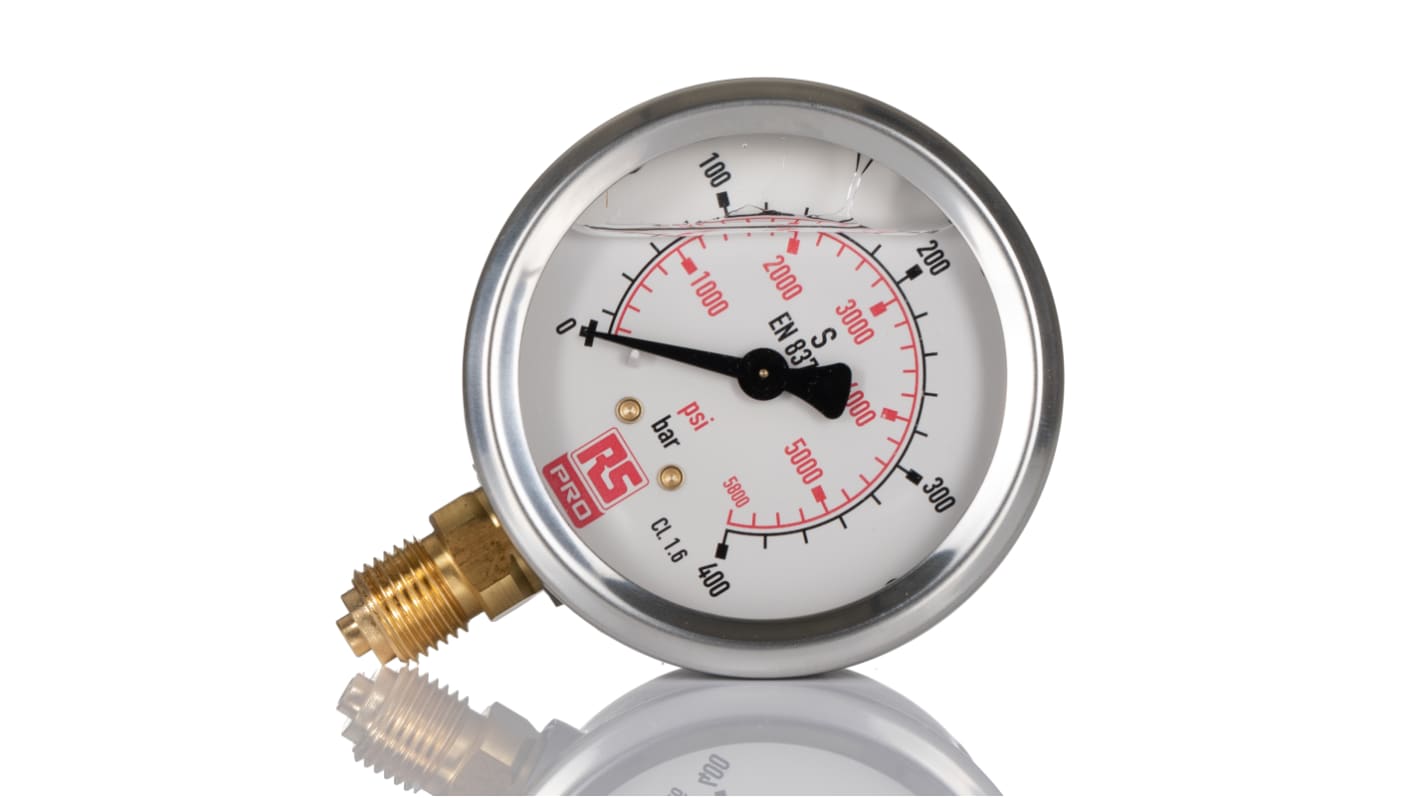 RS PRO G 1/4 Analogue Pressure Gauge 400bar Bottom Entry, 0bar min.