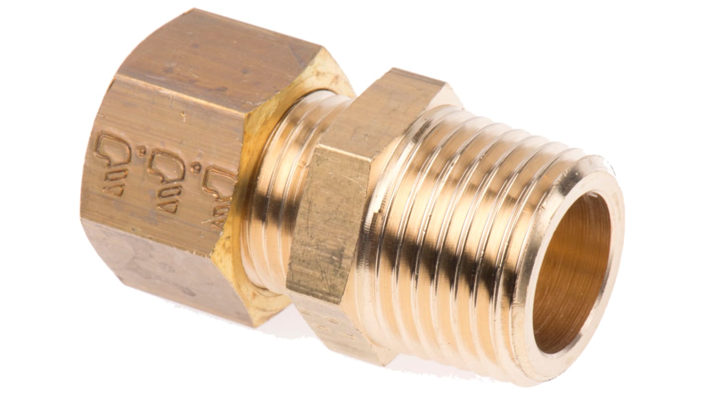 Legris Brass Pipe Fitting, Straight Compression Coupler, Male R 1/2in to Female 12mm