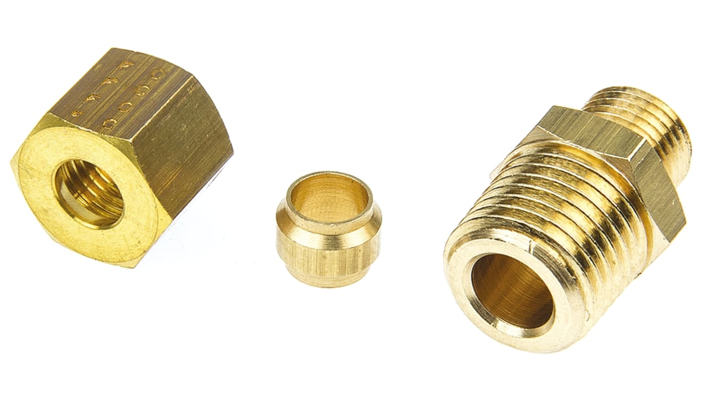 Legris Brass Pipe Fitting, Straight Compression Coupler, Male R 1/4in to Female 6mm