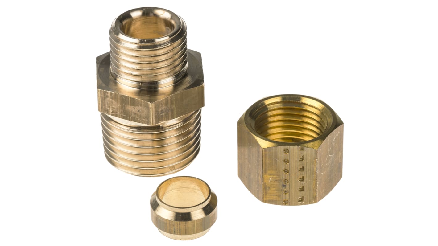 Legris Brass Pipe Fitting, Straight Compression Coupler, Male R 1/2in to Female 10mm