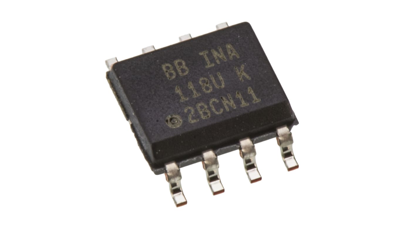 Amplificador de Instrumentación, INA118U, 125μV Offset, 800kHz 73dB CMRR, SOIC, 8-Pines