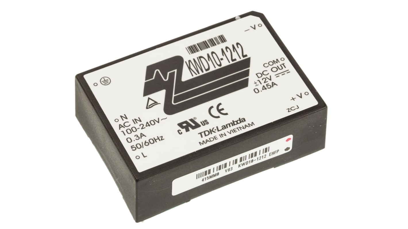 TDK-Lambda Switching Power Supply, KWD10-1212, ±12V dc, ±450mA, 10W, Dual Output, 110 → 340 V dc, 85 →