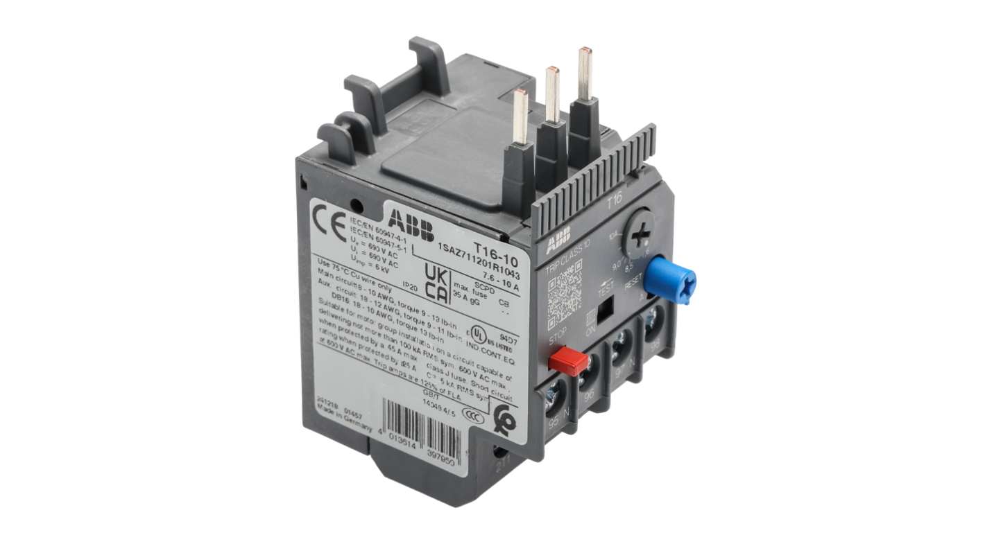 ABB T16-10 Thermal Overload Relay 1NC/1NO, 7.6 → 10 A F.L.C, 10 A Contact Rating, 2 W, 600 V dc, 3P, Thermal