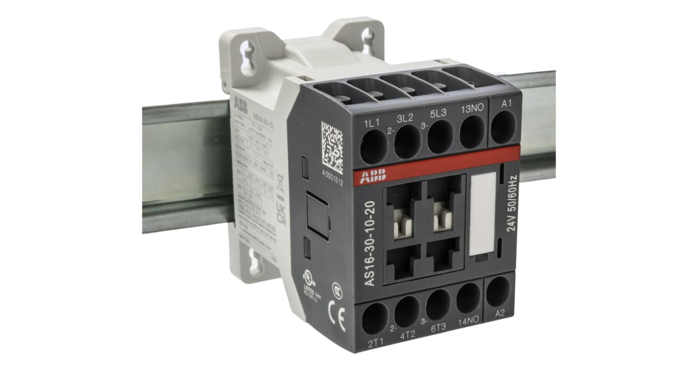ABB AS16-30-10-20 AS Contactor, 24 V Coil, 3-Pole, 16 A, 7.5 kW, 3NO, 690 V ac