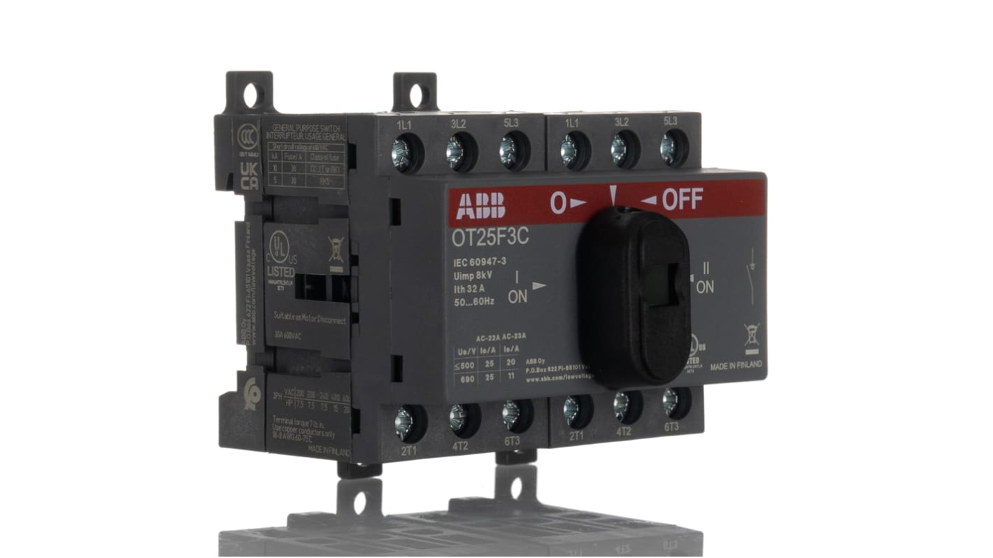 ABB 3 Pole Base Mounting Changeover Switch - 25A Maximum Current, 9kW Power Rating, IP20