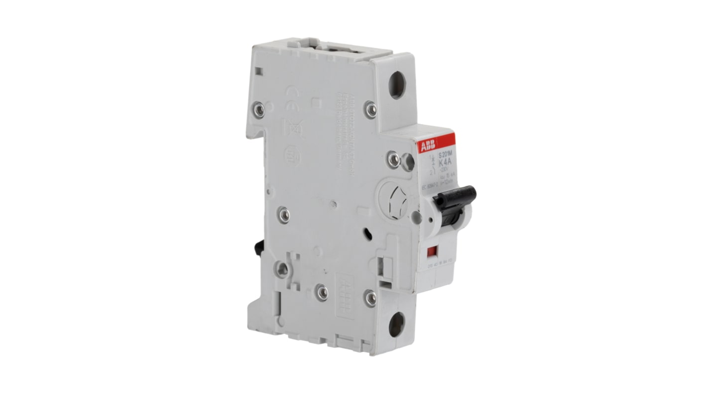 ABB System Pro M Compact S200M MCB, 1P, 4A Curve K, 253V AC, 72V DC, 25 kA Breaking Capacity
