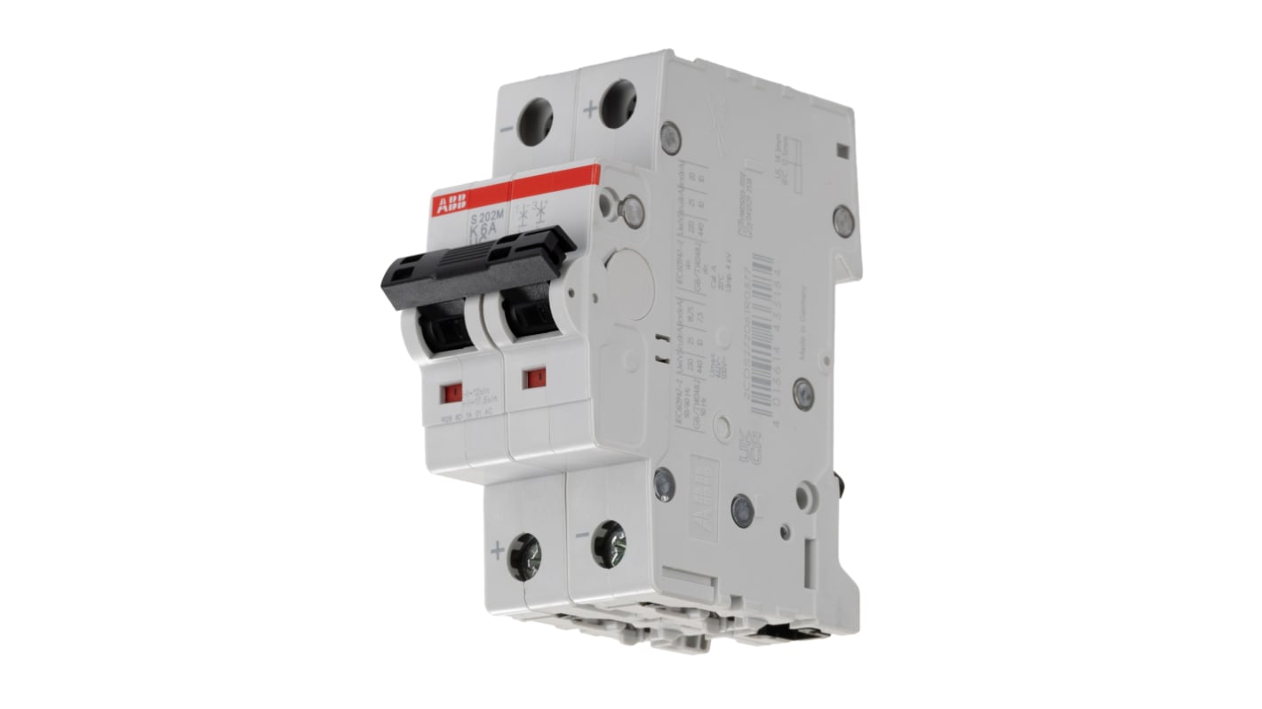 ABB System Pro M Compact S200MUC MCB, 2P, 6A Curve K, 440V AC, 440V DC, 25 kA Breaking Capacity