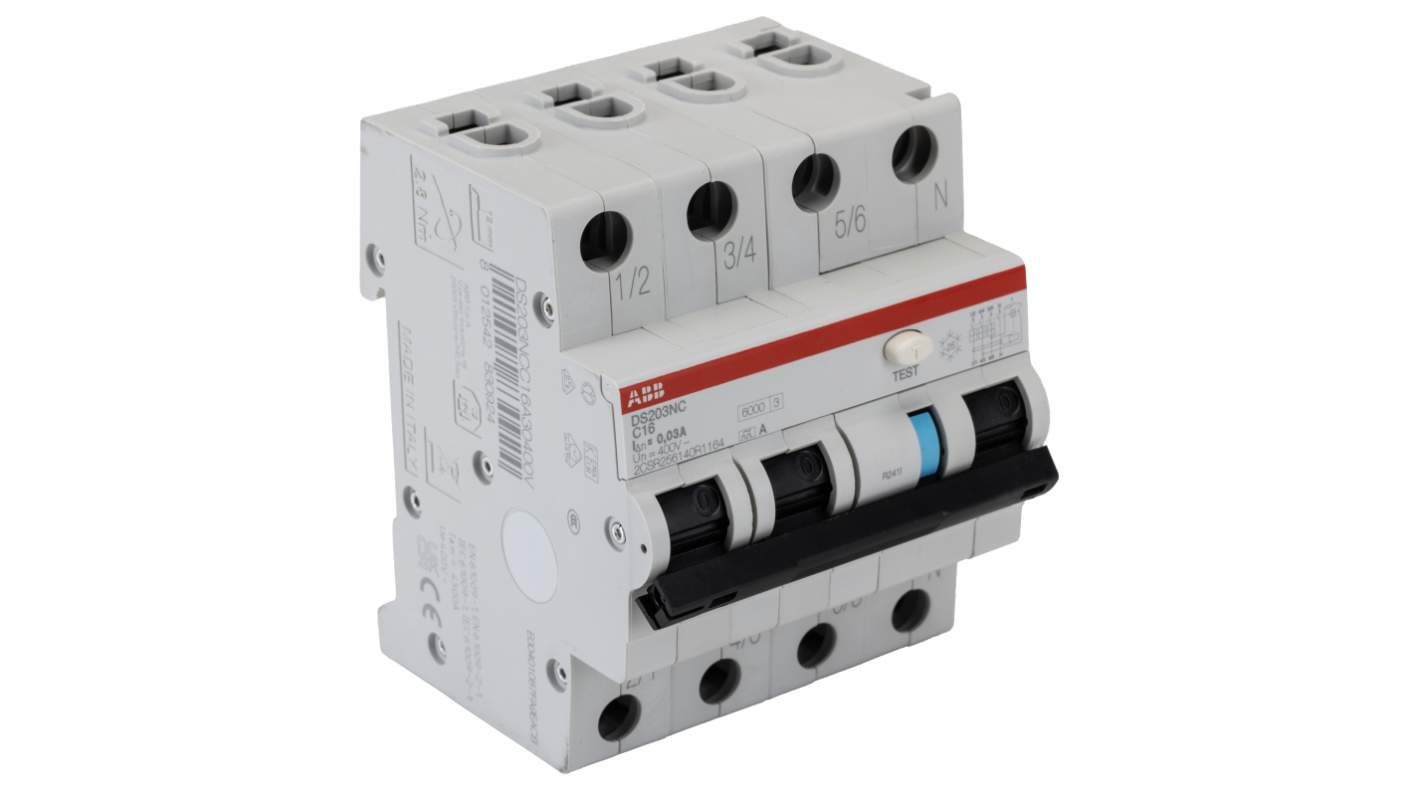 ABB 16A 4P RCBO, 30mA C型剩余电流动作断路器, 400 → 415V, DS203NC系列