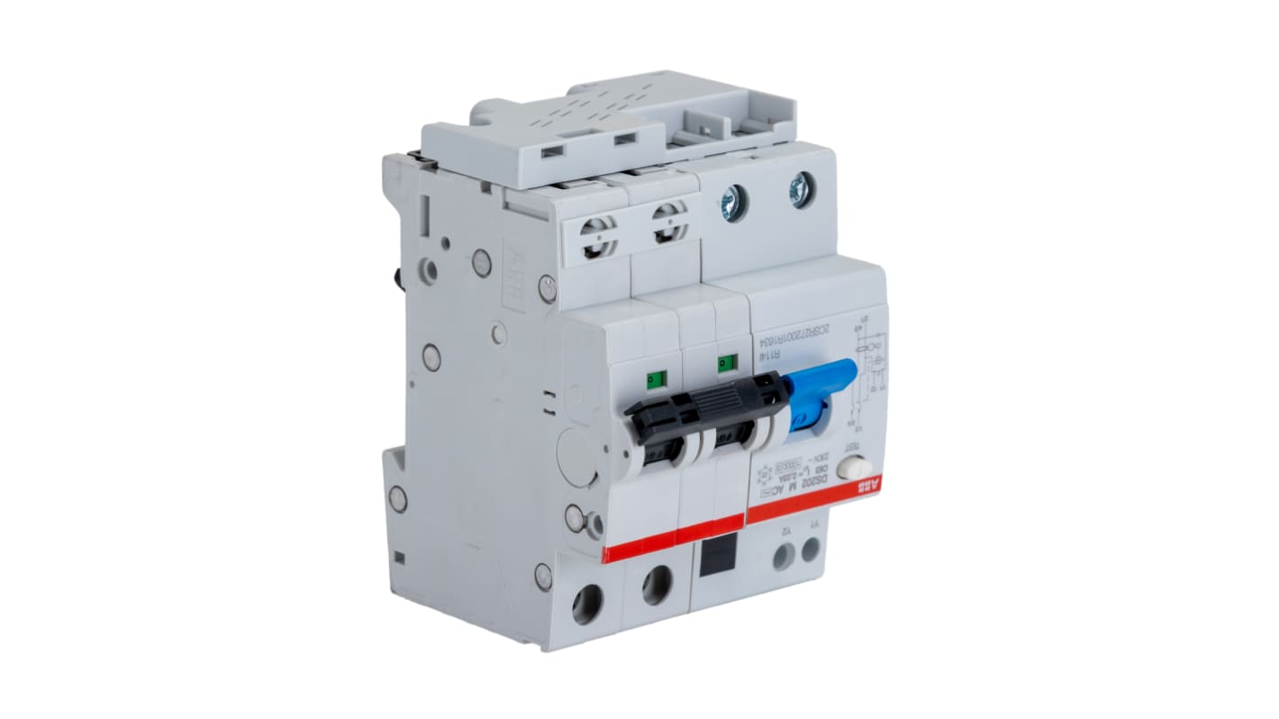 ABB RCBO, 63A Current Rating, 2P Poles, 30mA Trip Sensitivity, Type C