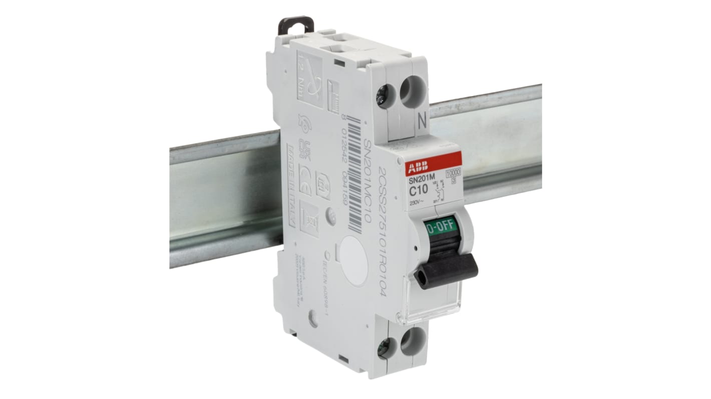 ABB C型MCB, 1极, 10kA分断, 10A, 230VAC, SN201系列 SN201 M-C10