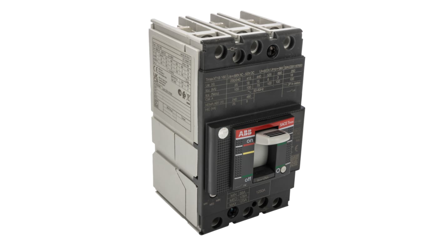 ABB, SACE Tmax XT MCCB Molded Case Circuit Breaker 3P 125A, Breaking Capacity 18 kA, Fixed Mount