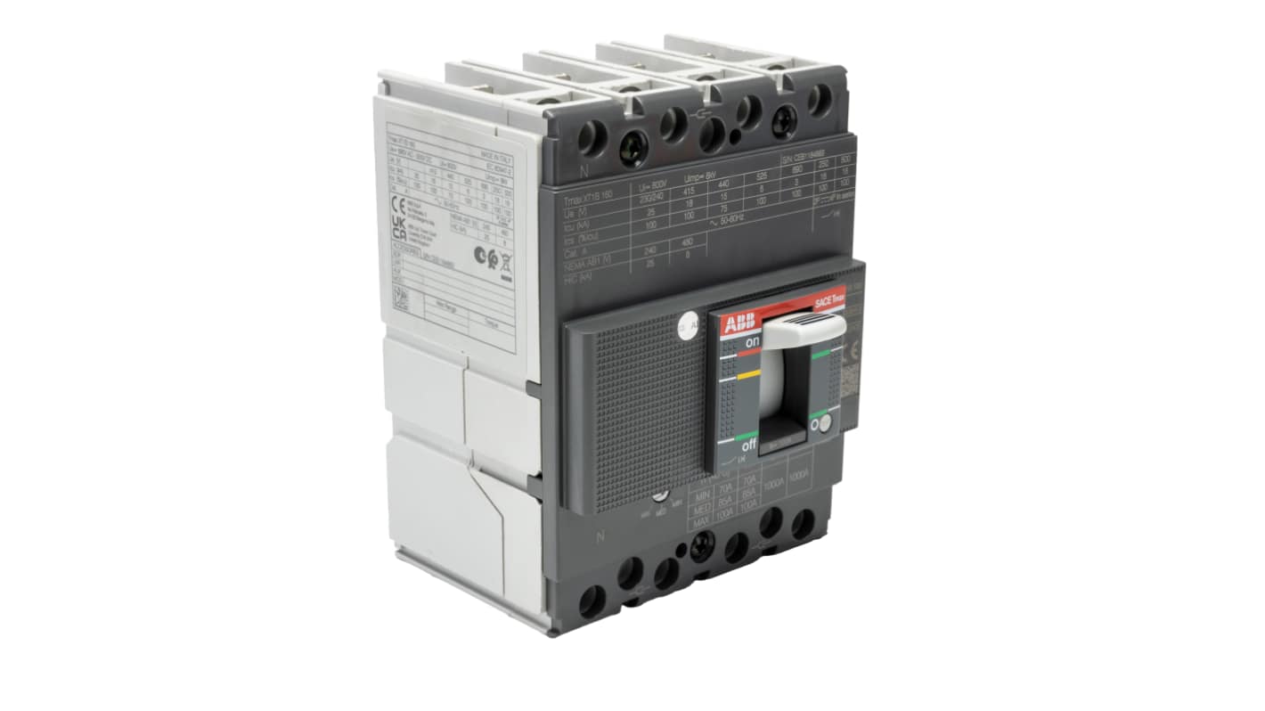 ABB, SACE Tmax XT MCCB Molded Case Circuit Breaker 4P 100A, Breaking Capacity 25 kA, Fixed Mount