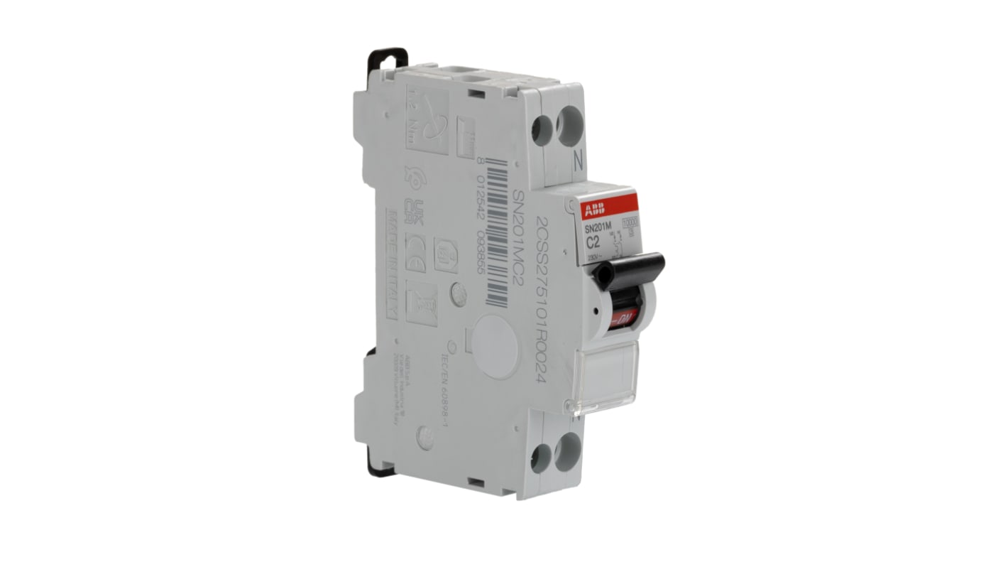 ABB C型MCB, 1+N极, 10kA分断, 2A, 230VAC, SN201系列 SN201-M-C2