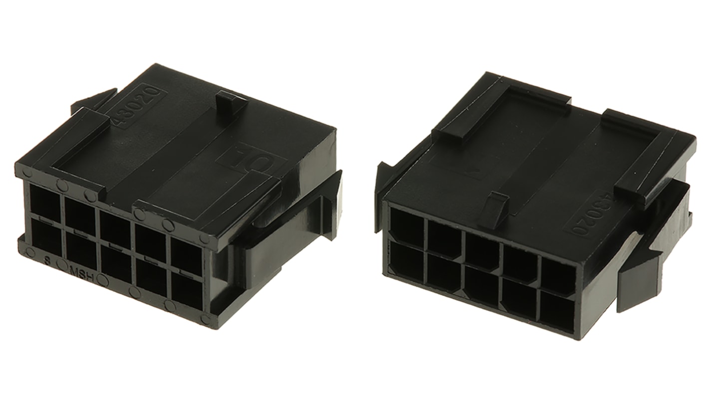 Carcasa de conector Molex 43020-1000, Serie Micro-Fit 3.0, paso: 3mm, 10 contactos, 2 filas, Recto, Macho, Montaje en