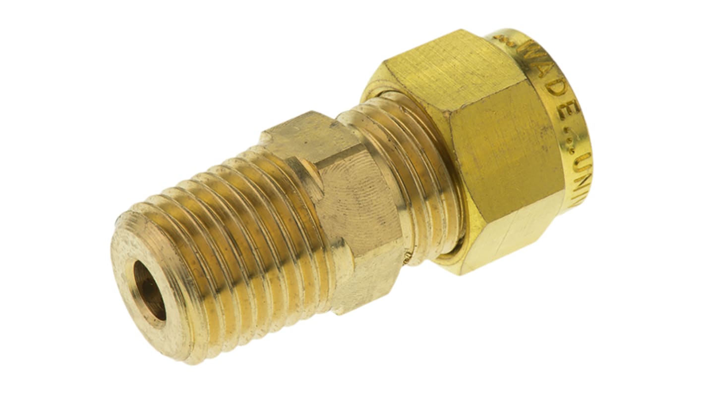 Wade Brass Pipe Fitting, Straight Compression Coupler, Male R 1/4in to Female 1/4in