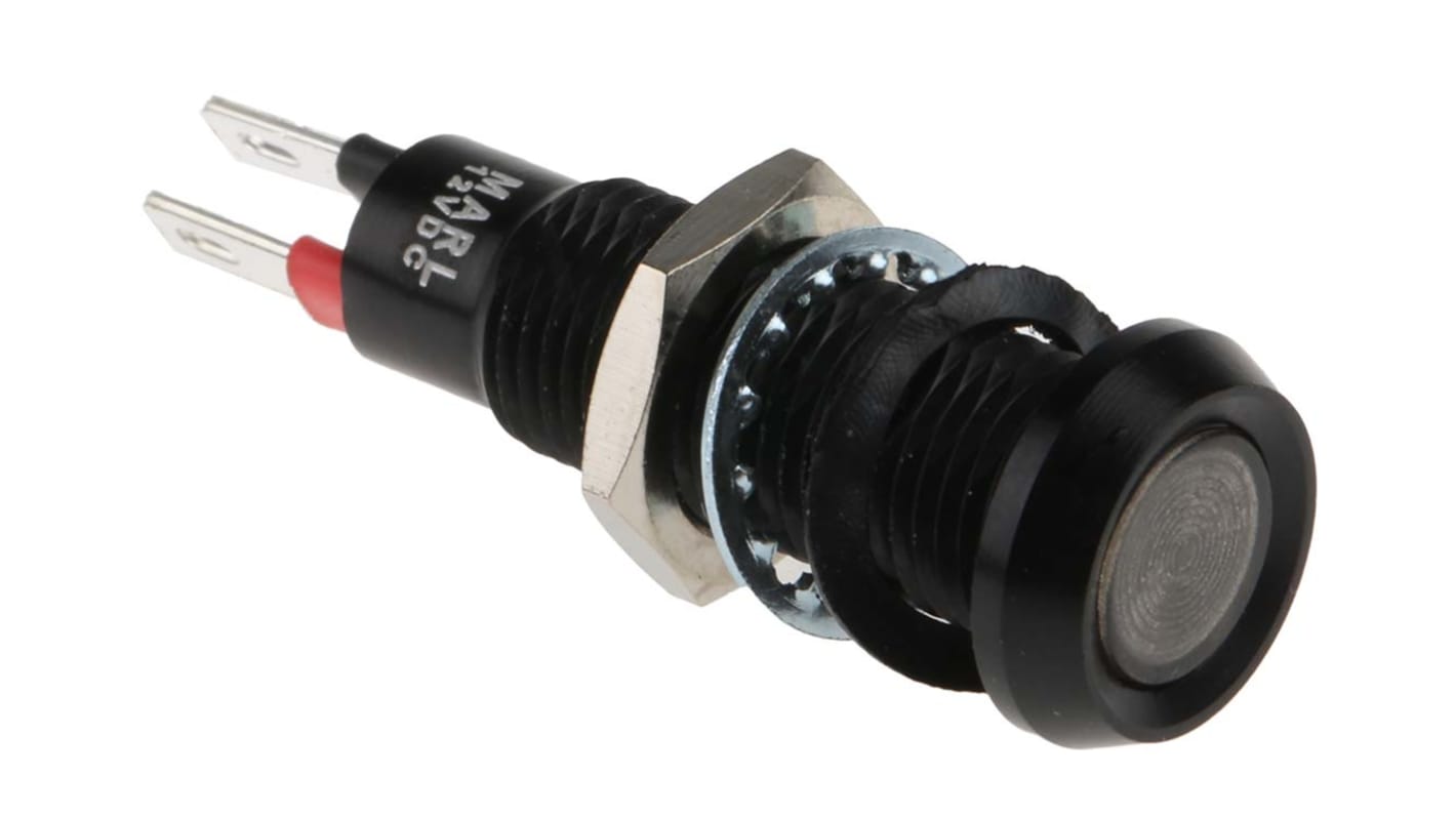 Marl 绿色LED面板指示灯, 12V 直流, 20mA, Φ8.1mm安装孔, 焊片端接, 凹入式边框, 黑色边框