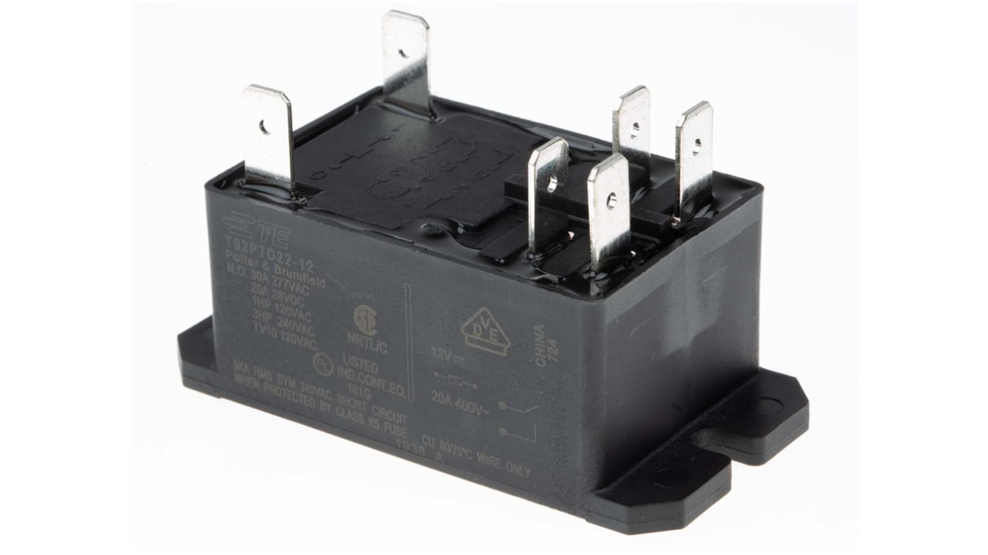 Relé de potencia sin enclavamiento TE Connectivity T92 de 2 polos, DPST, bobina 12V dc, 30A, Montaje por reborde