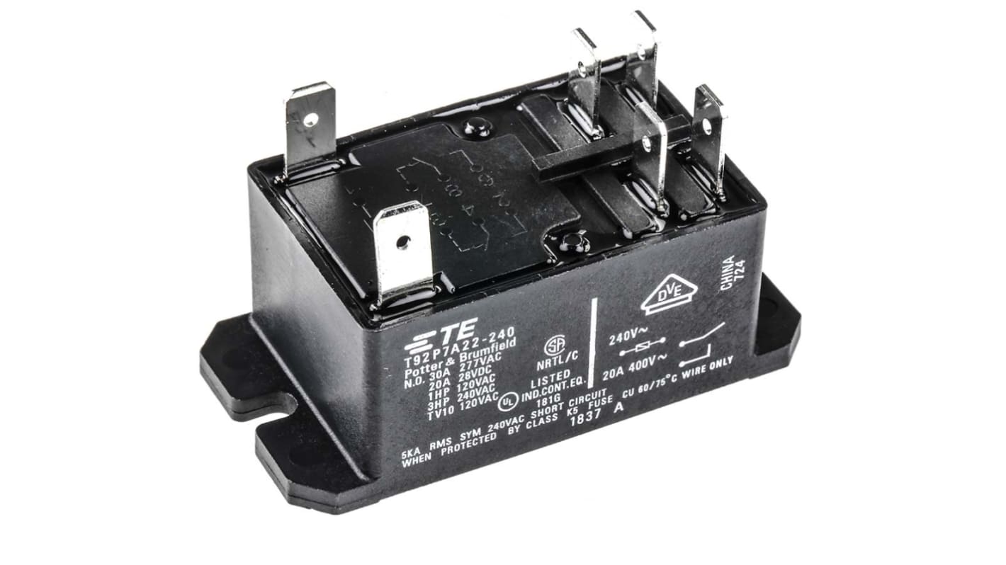 Relé de potencia sin enclavamiento TE Connectivity T92 de 2 polos, DPST, bobina 240V ac, 30A, enchufable