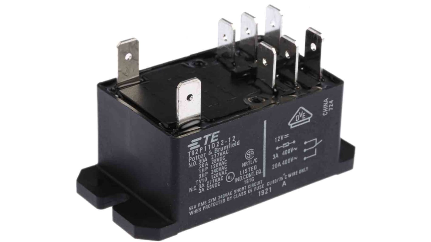 TE Connectivity Flange Mount Power Relay, 12V dc Coil, 30A Switching Current, DPDT