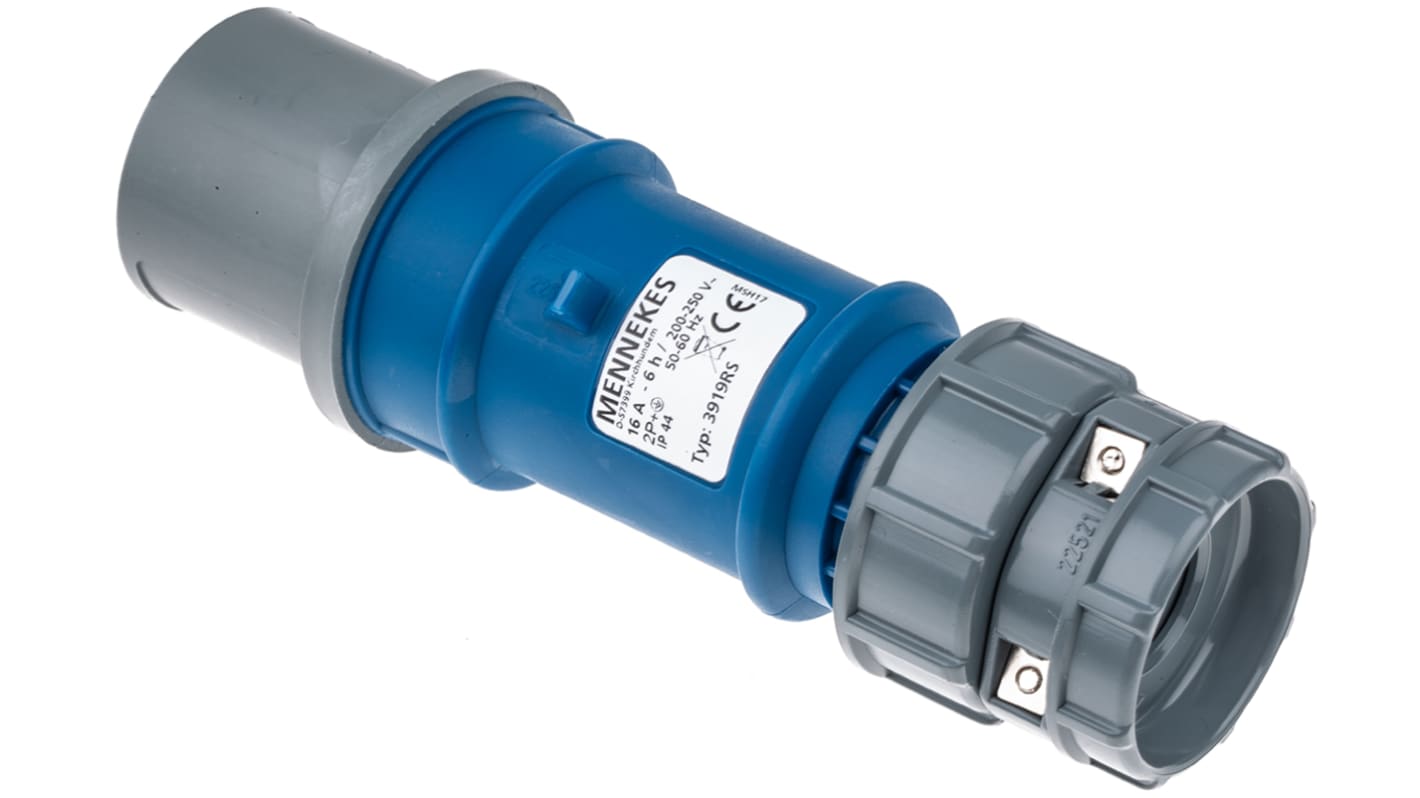 MENNEKES, PowerTOP IP44 Blue Cable Mount 3P Industrial Power Plug, Rated At 16A, 230 V