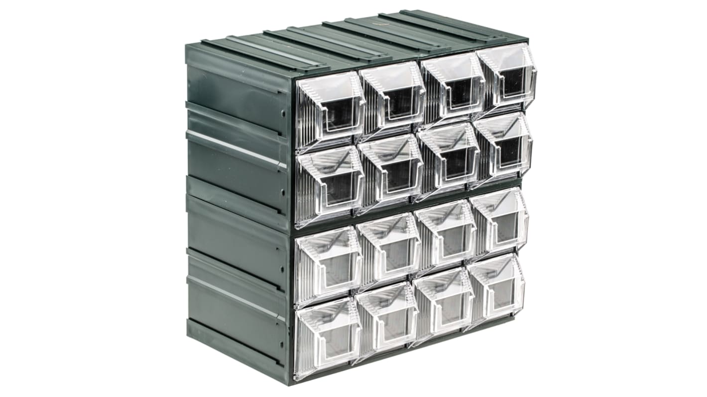 RS PRO 16 Drawer Storage Unit, Plastic, 208mm x 208mm x 132mm, Transparent