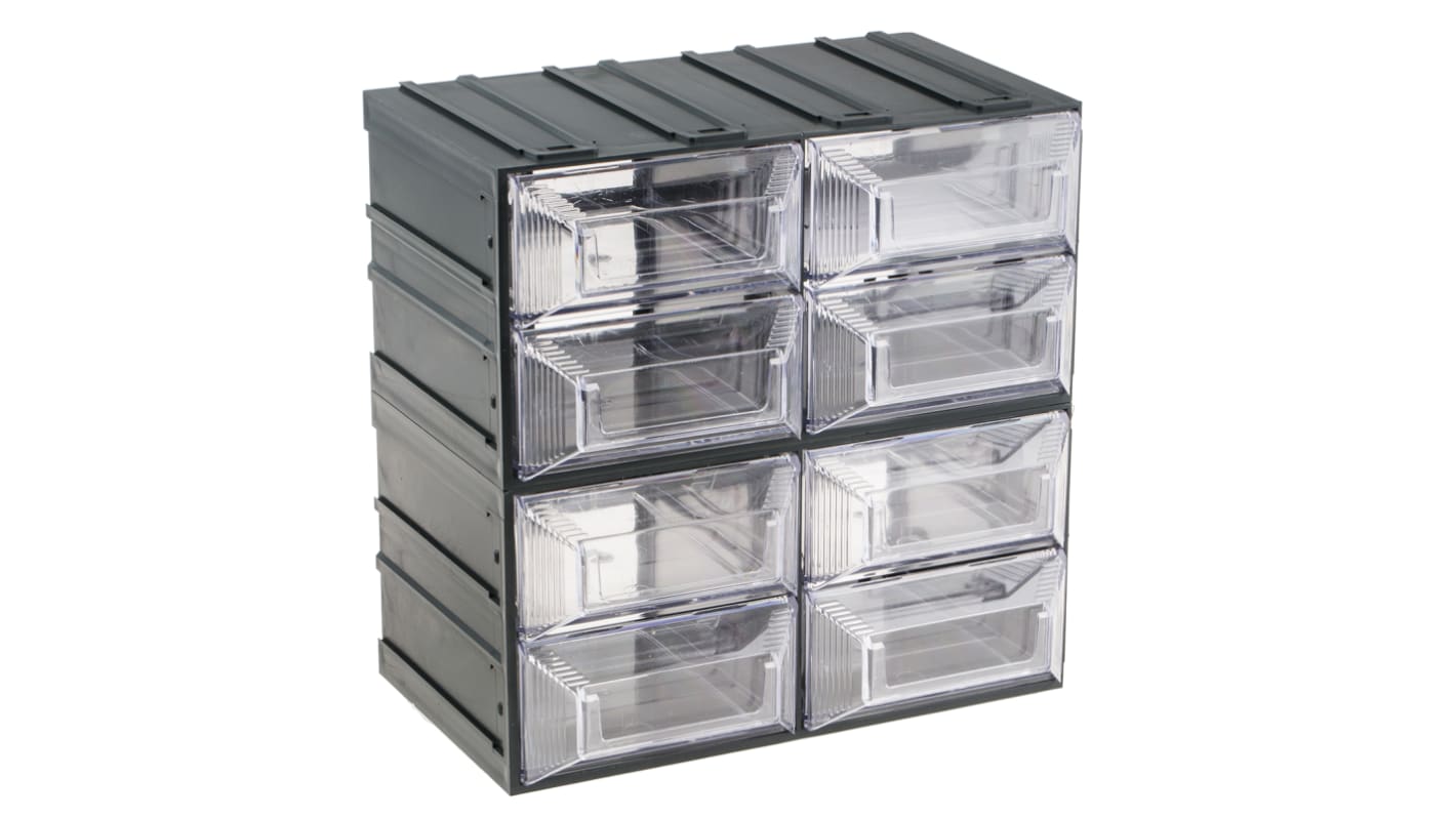 RS PRO 8 Drawer Storage Unit, Plastic, 208mm x 208mm x 132mm, Transparent