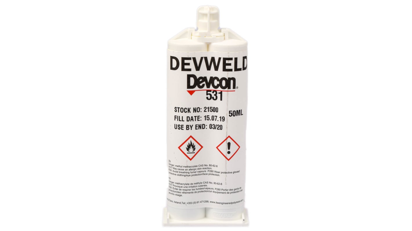 Adhesivo acrílico ITW Devcon Devweld 531 de color Blanco, Cartucho doble de 50 ml, curado en 24 h.