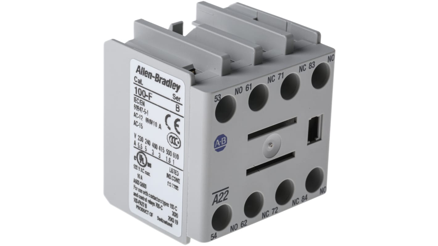Allen Bradley 辅助触点, 4个触点, 2 常闭 + 2 常开, 10 A, 正面安装, 螺钉接端, 100F系列