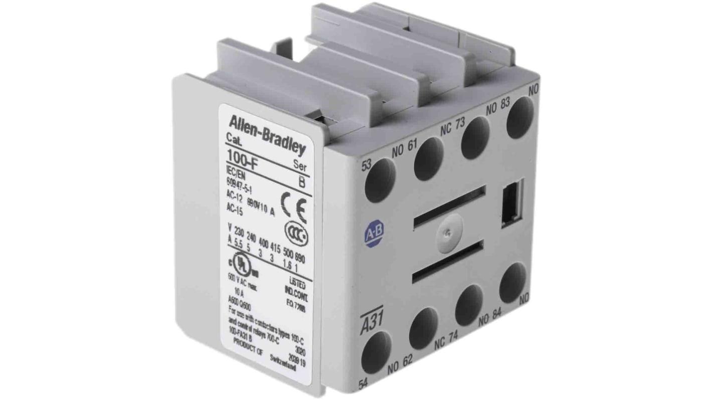Allen Bradley 辅助触点, 4个触点, 3 常开/常闭, 10 A, 正面安装, 螺钉接端, 100F系列