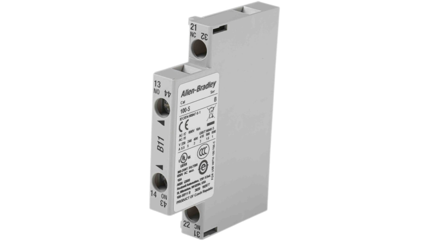 Contacto auxiliar Allen Bradley 100S, montaje: lateral, terminal: roscado, 1NC + 1NA, 10 A