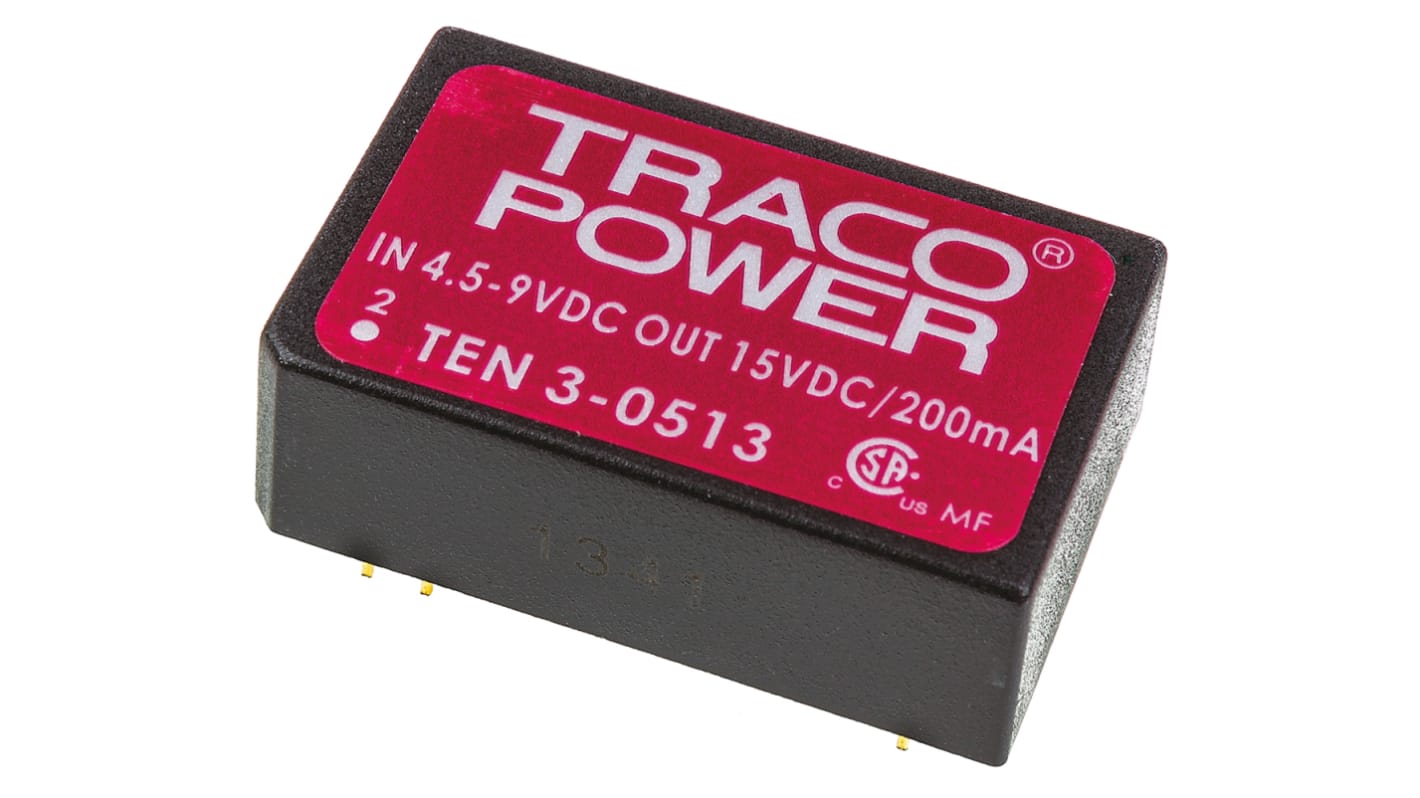 TRACOPOWER TEN 3 DC-DC Converter, 15V dc/ 200mA Output, 4.5 → 9 V dc Input, 3W, Through Hole, +85°C Max Temp