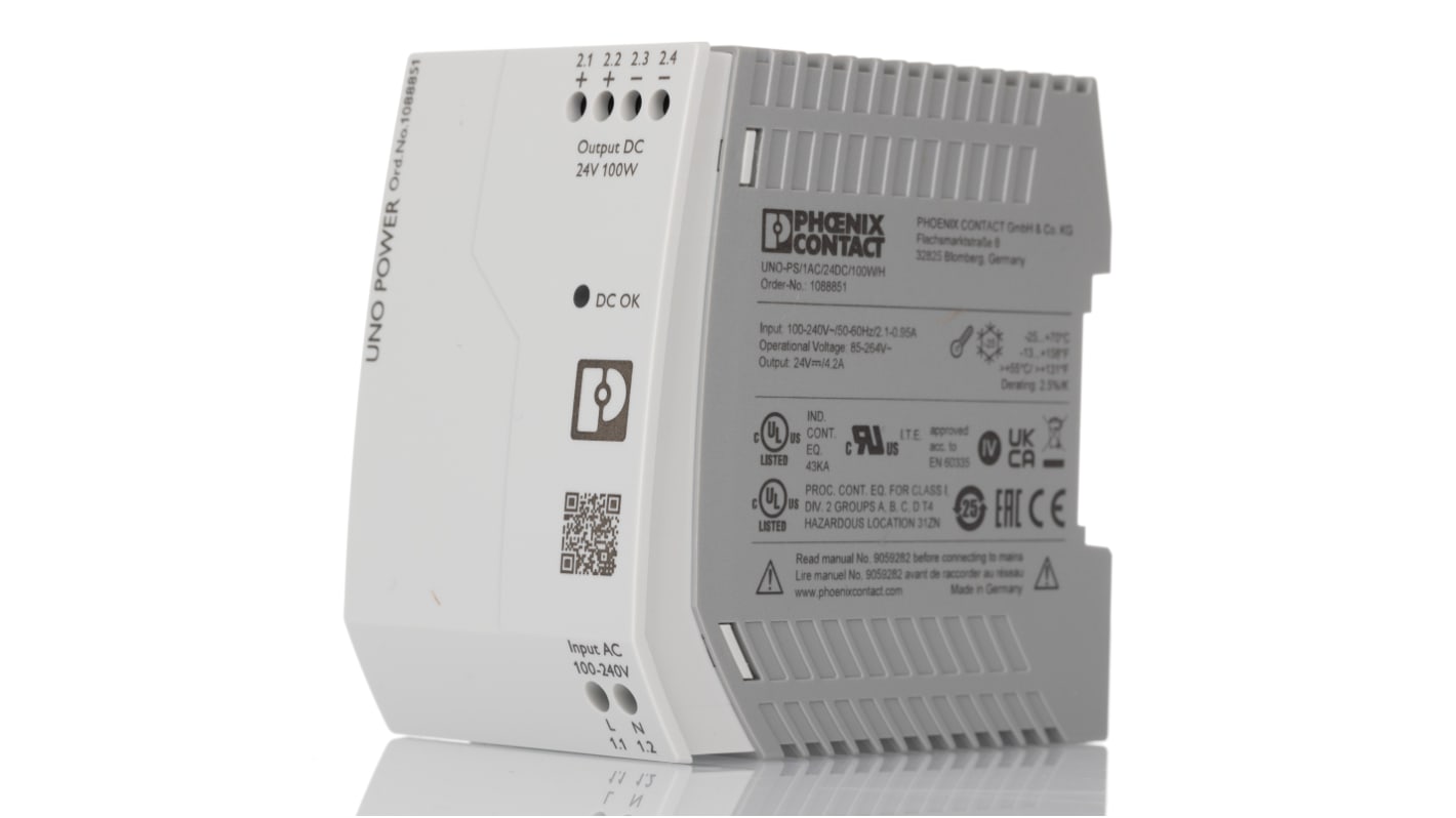 Phoenix Contact UNO POWER Switched Mode DIN Rail Power Supply, 100 → 240V ac ac Input, 24V dc dc Output, 4.2A