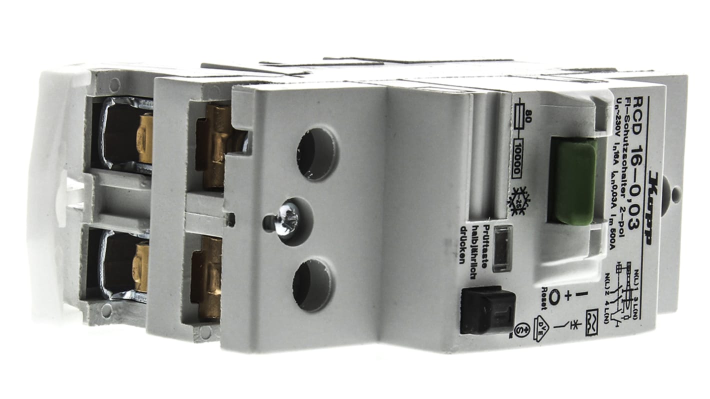 Interruptor RCD, 2 Polos, 16 A, Instantáneo, Disparo 30mA, Carril DIN