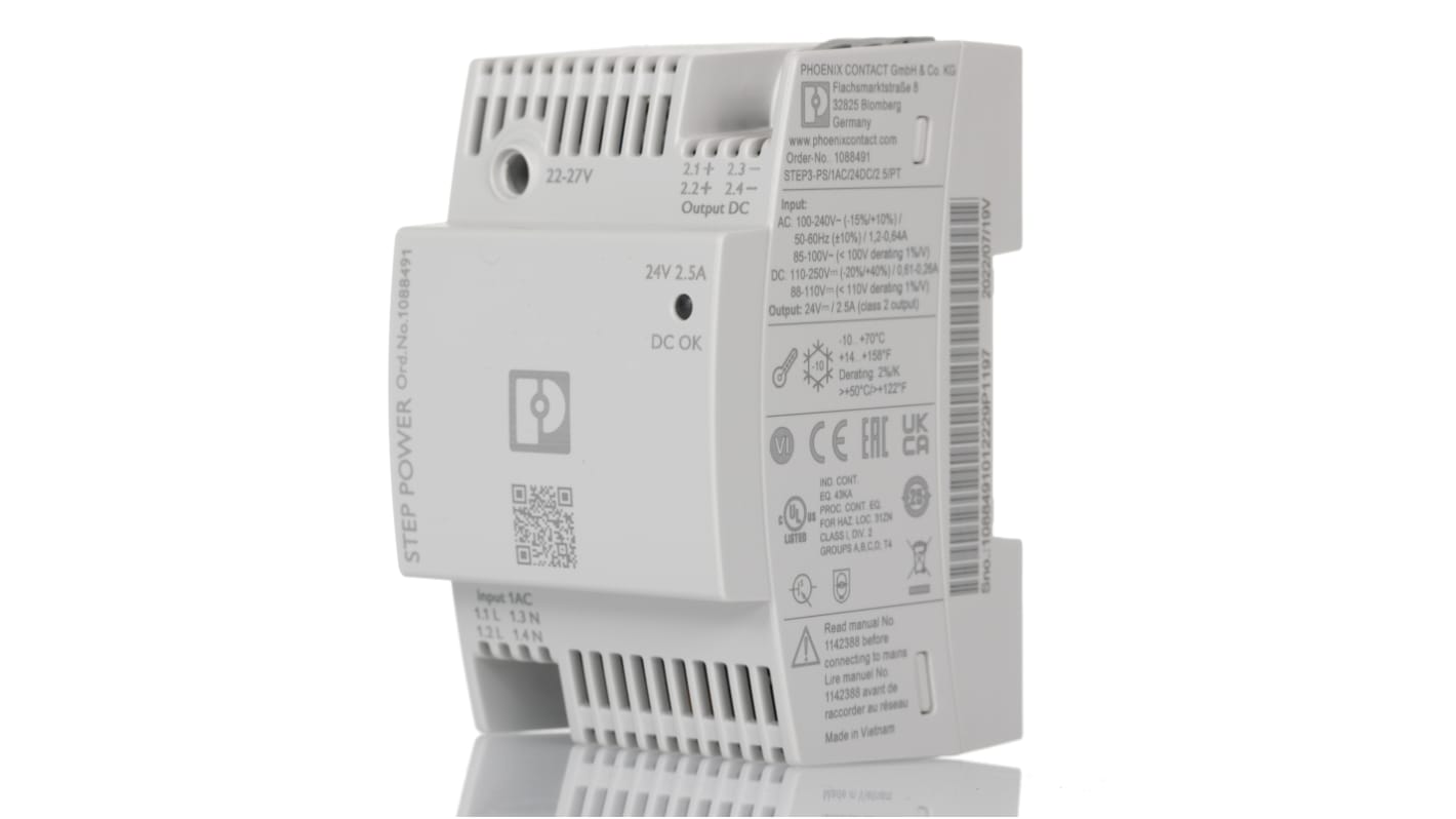 フエニックスコンタクト STEP POWER DINレール取付け用スイッチング電源 24V dc, 2.5A, 60W
